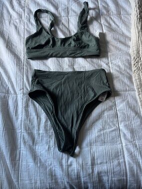 Vitamin A Olive Ribbed Scoop Neck High-Waist Bikini